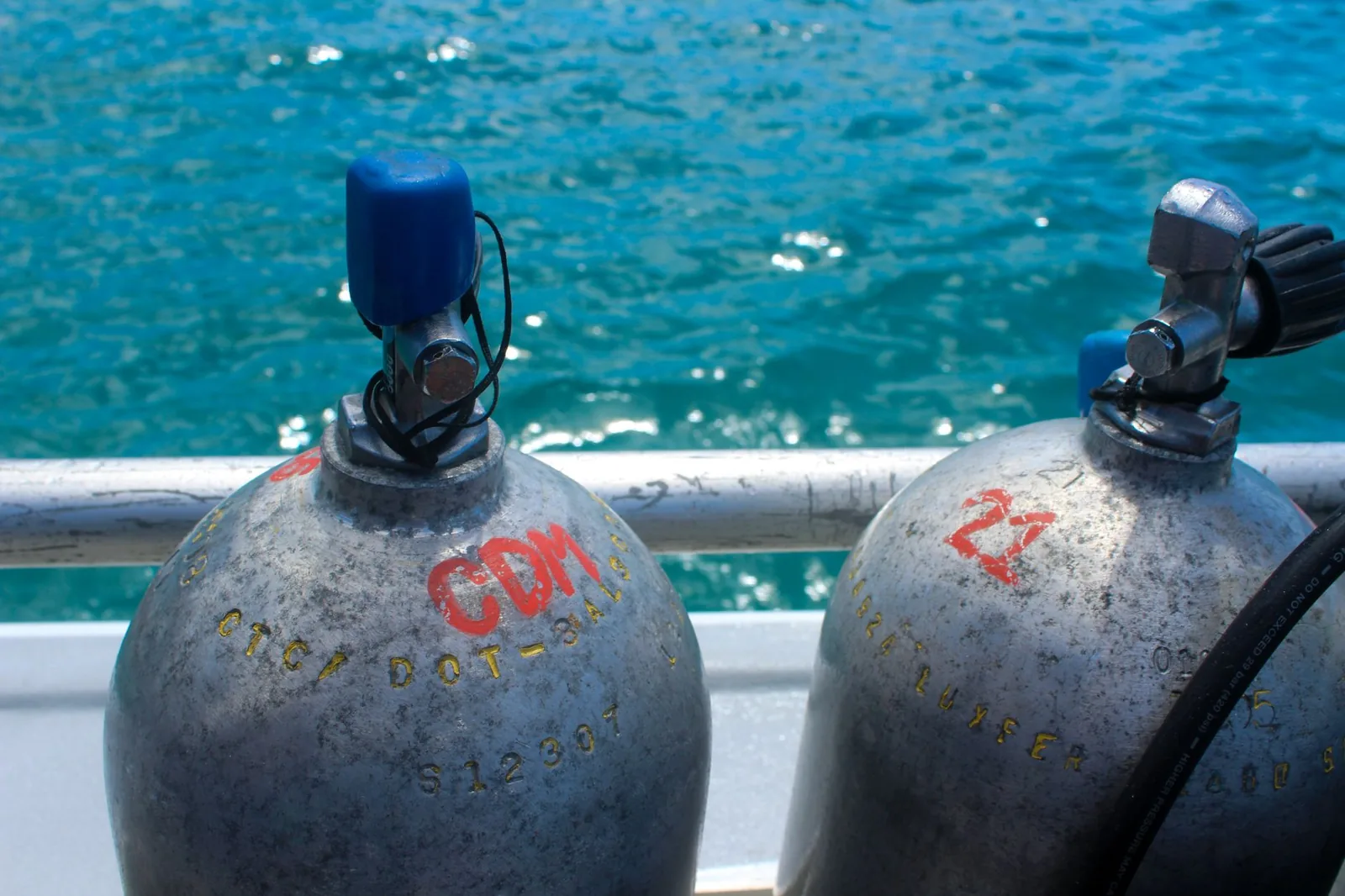 Bouteilles de plongée arrimées le long du bastingage d'un bateau de sortie journée