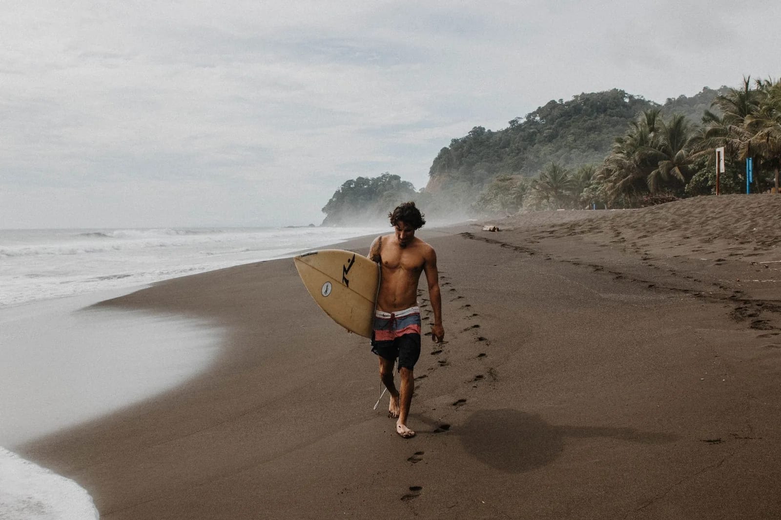 Surfeur remontant une plage de sable volcanique bordée de jungle sur la côte pacifique du Panama