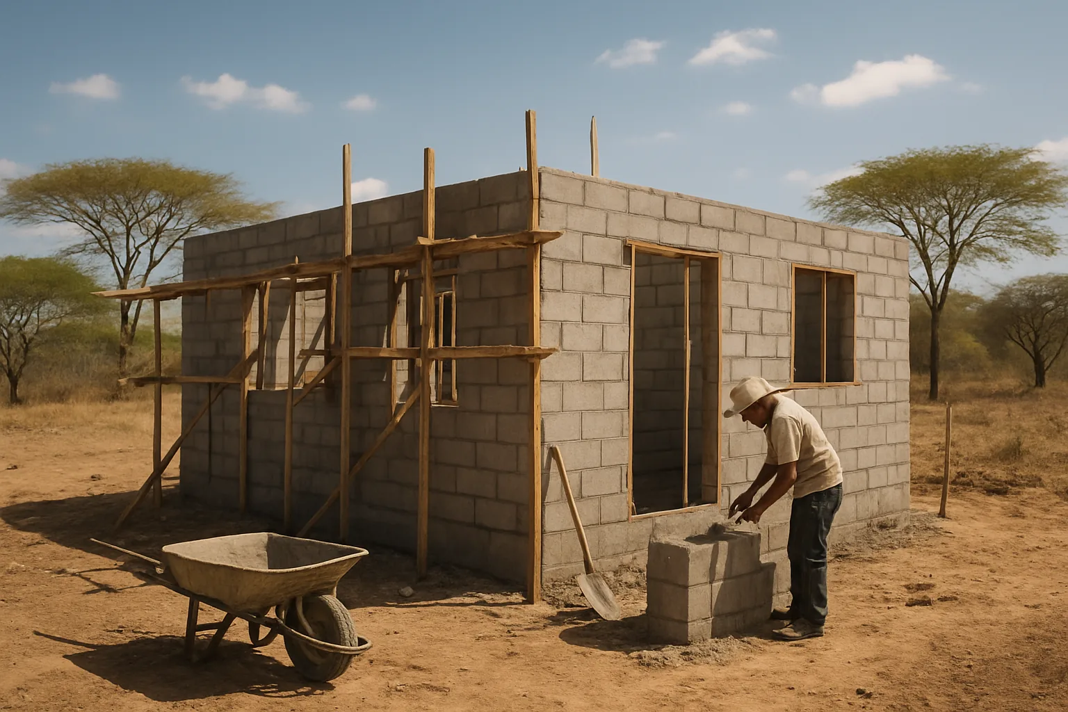Chantier de construction en parpaings dans la savane de la péninsule d'Azuero, au Panama