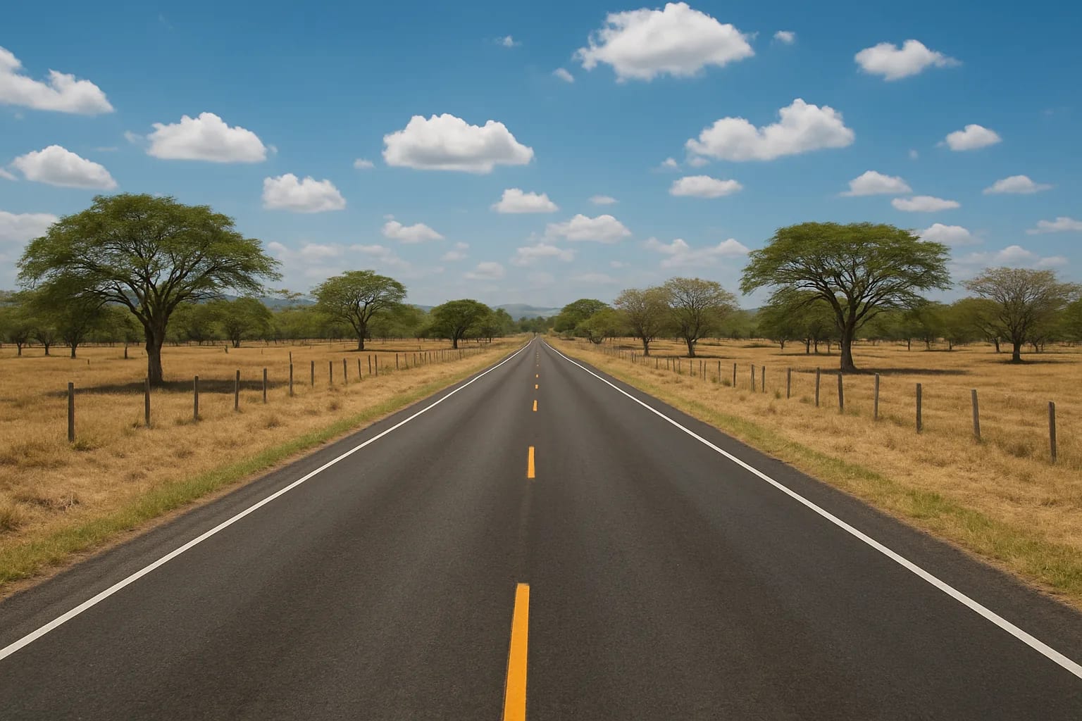 Route asphaltée traversant la savane sèche de la péninsule d'Azuero, au Panama