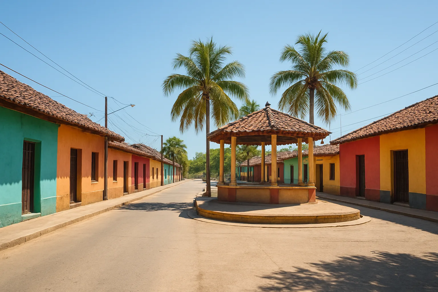 Rue de village coloré avec kiosque central, typique de l'intérieur du Panama